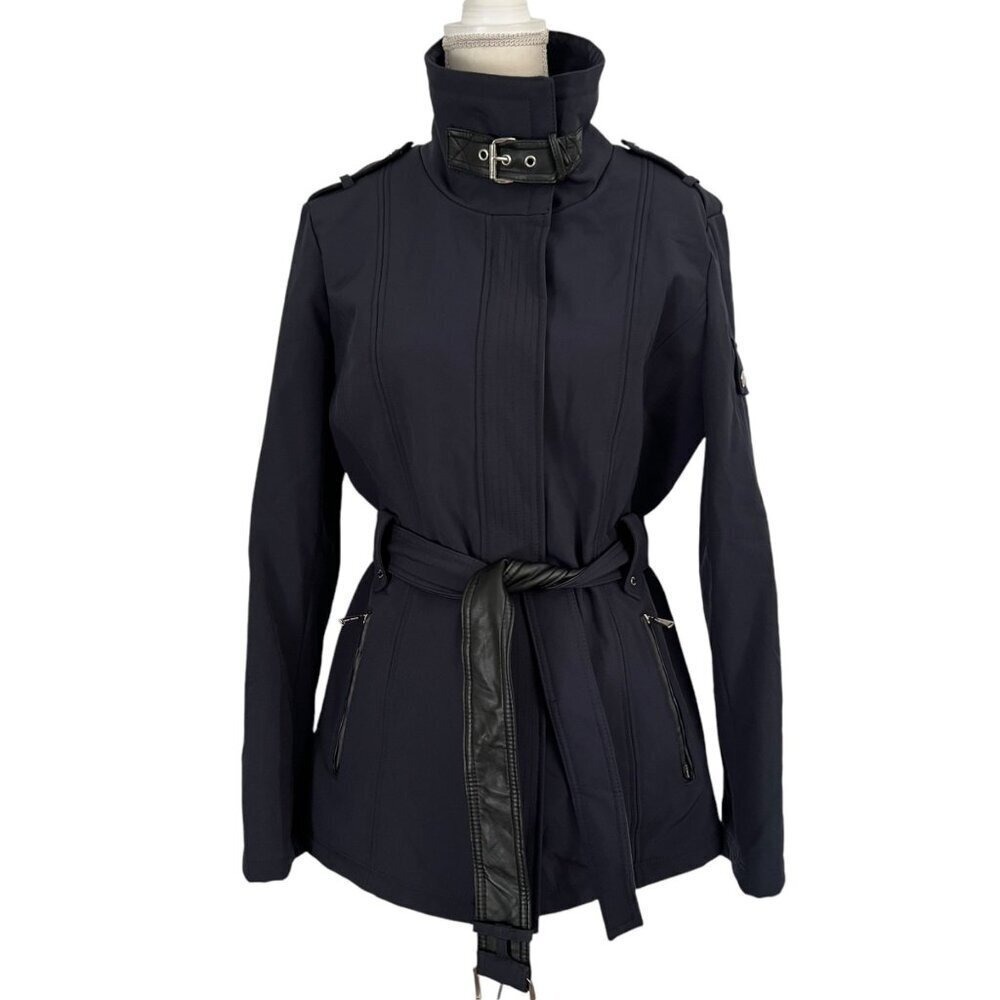 Michael Kors Navy Urban Minimalist Belted Neoprene Modern Classic Long Line Coat - Picture 3 of 9